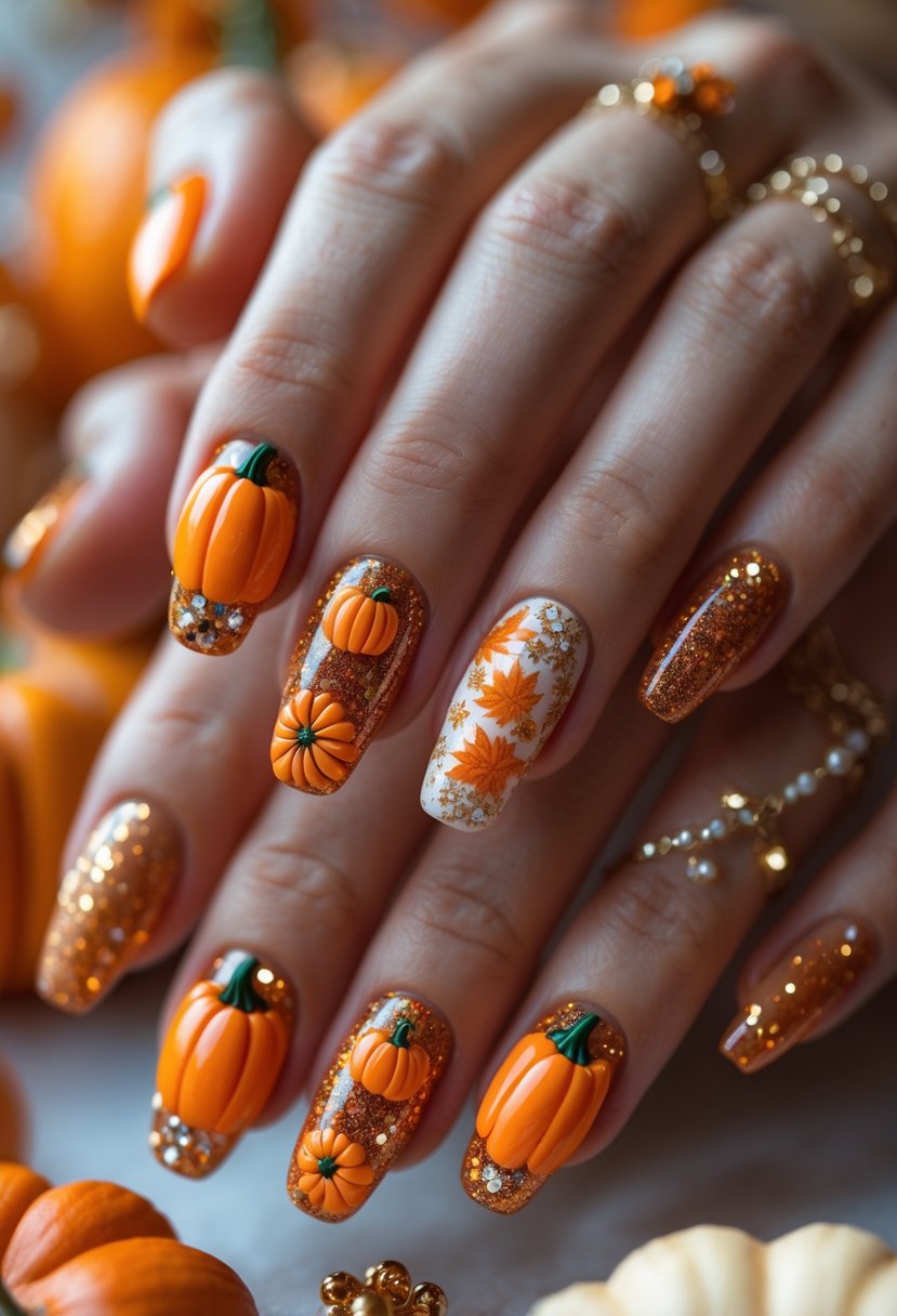 Close-up of hands with nails decorated in various pumpkin designs featuring glitter and gems.