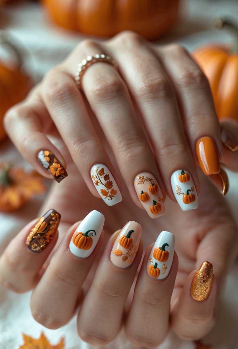 Close-up of hands with short nails featuring various pumpkin-themed nail art designs in autumn colors.
