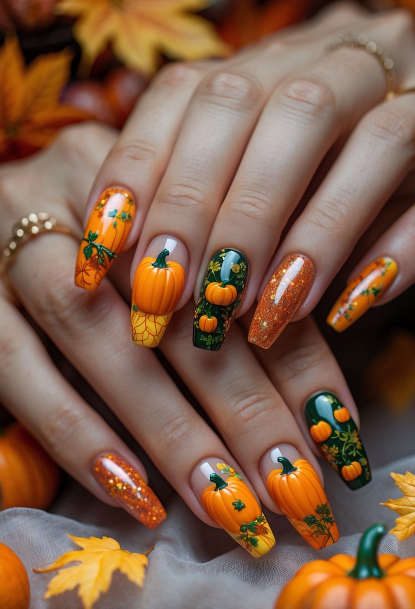 Close-up of long nails with various pumpkin-themed nail art designs in autumn colors.