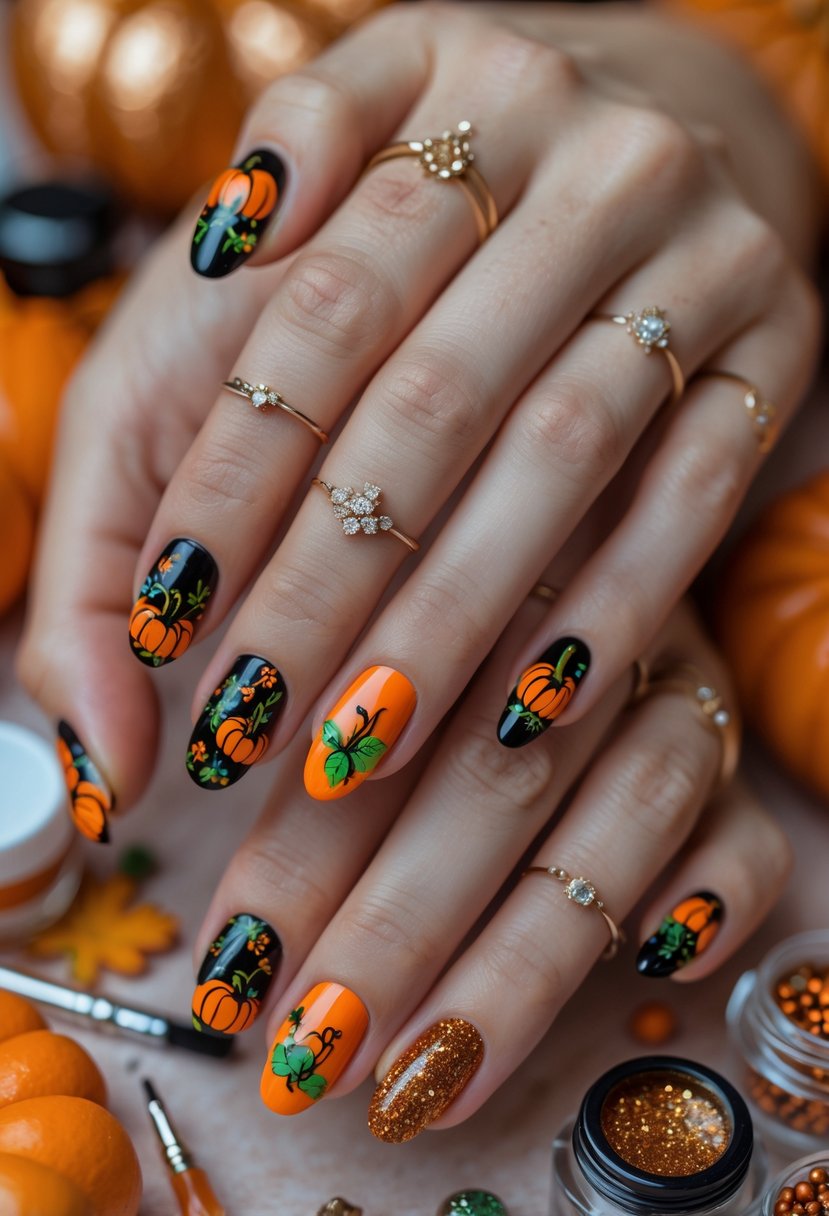 Close-up of hands with pumpkin-themed nail art surrounded by nail art tools and supplies.