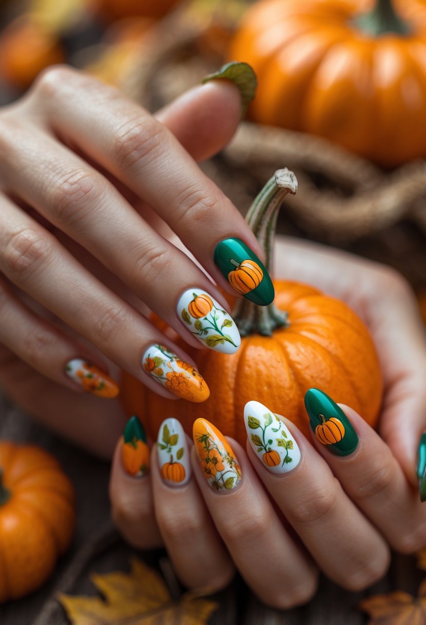 Close-up of hands with pumpkin-themed nail art holding a small orange pumpkin against a warm autumn background.