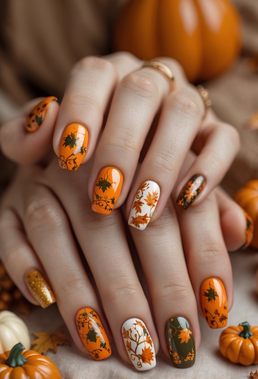 Close-up of hands displaying multiple pumpkin-themed nail designs with autumn colors.