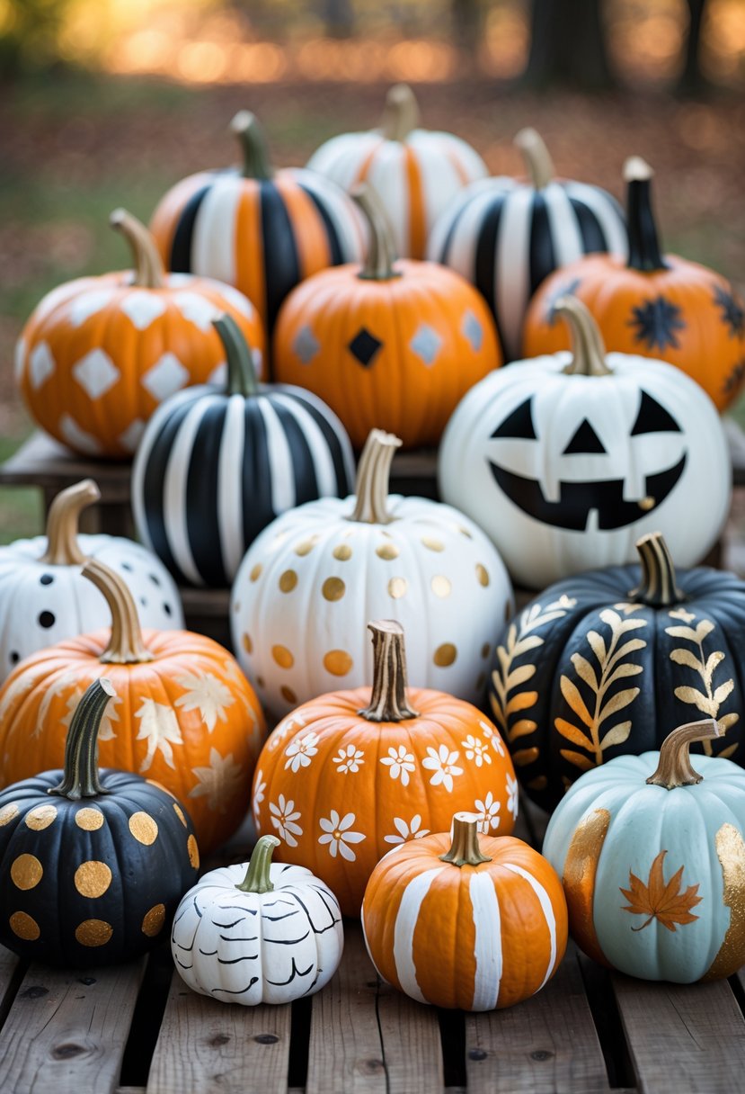 A variety of painted pumpkins with different colorful designs arranged on a wooden table.