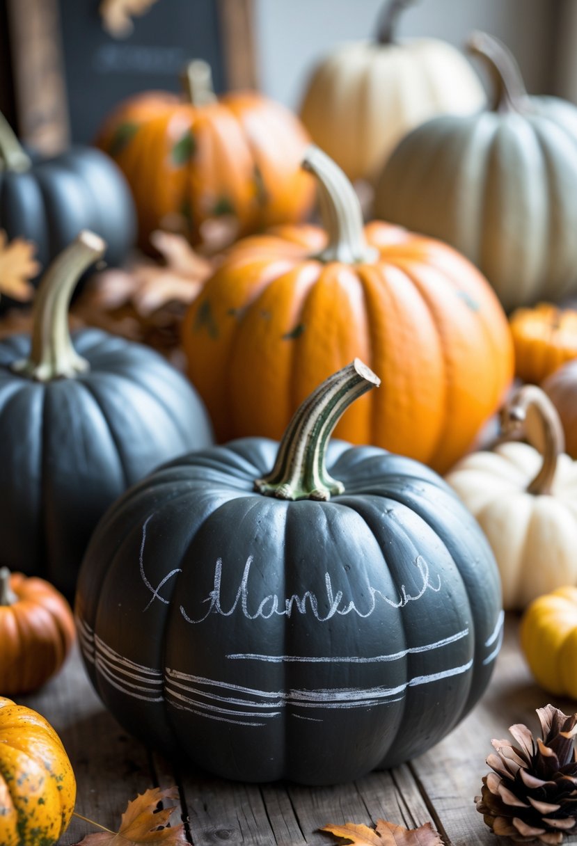 A group of pumpkins painted with chalkboard paint arranged on a wooden table surrounded by autumn decorations.