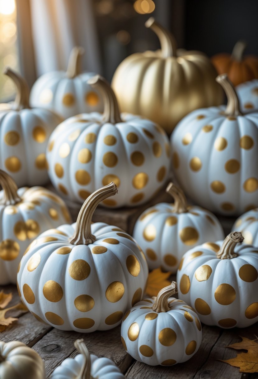 A group of pumpkins painted with gold and white polka dots arranged on a wooden surface.