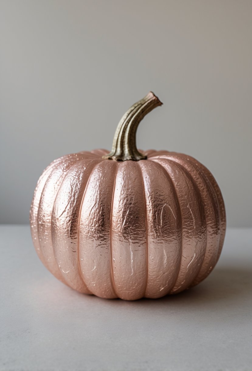 A metallic rose gold pumpkin with a textured surface on a plain background.