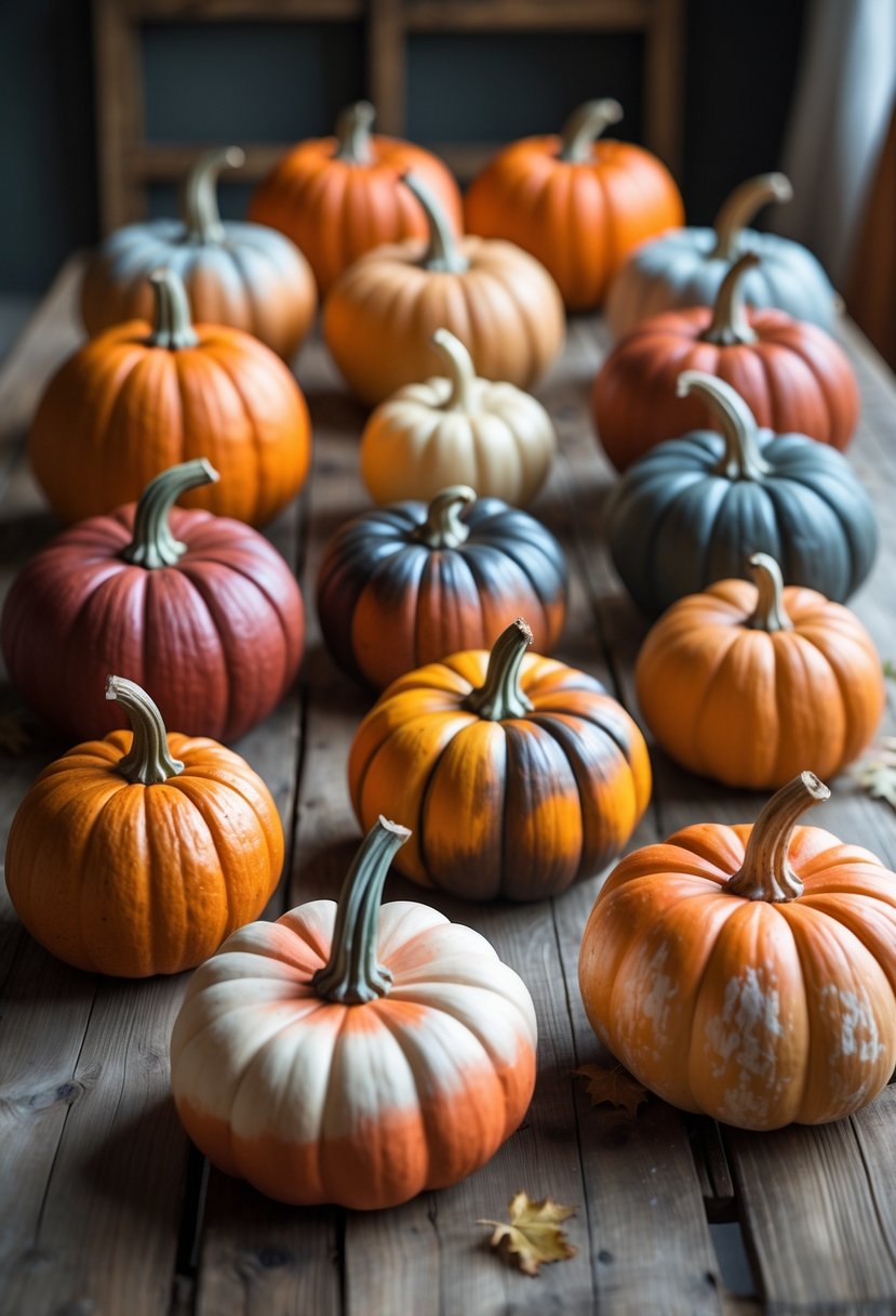 Fifteen pumpkins painted with ombre gradient colors in autumn shades arranged on a wooden table.