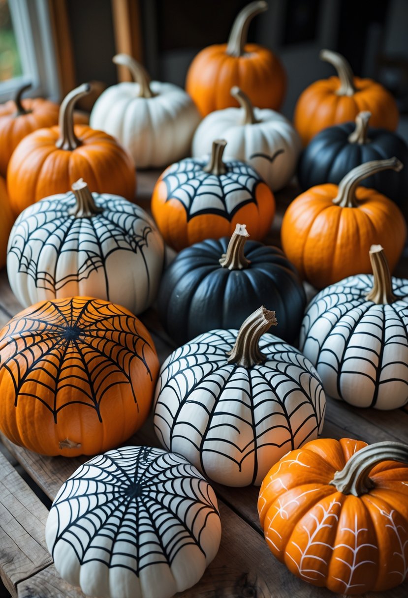 A group of 15 pumpkins painted with detailed black spider web designs arranged on a wooden surface.