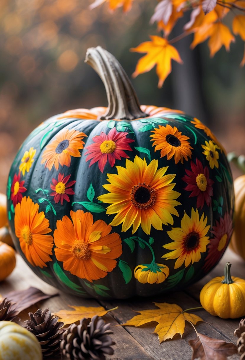 A pumpkin decorated with colorful fall flowers sits on a wooden table surrounded by autumn leaves and pine cones.