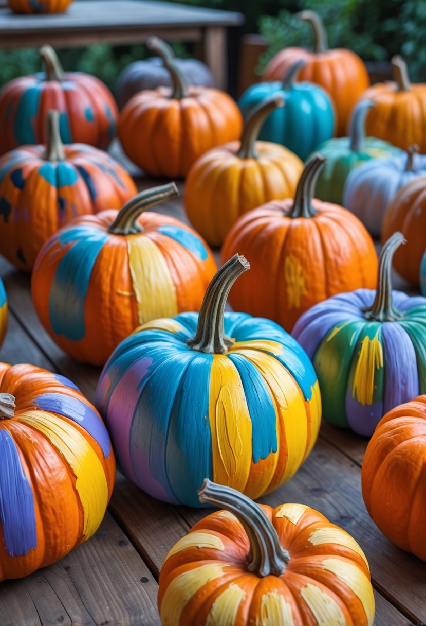 A group of 15 brightly painted pumpkins with colorful abstract brush stroke designs arranged on a wooden table.