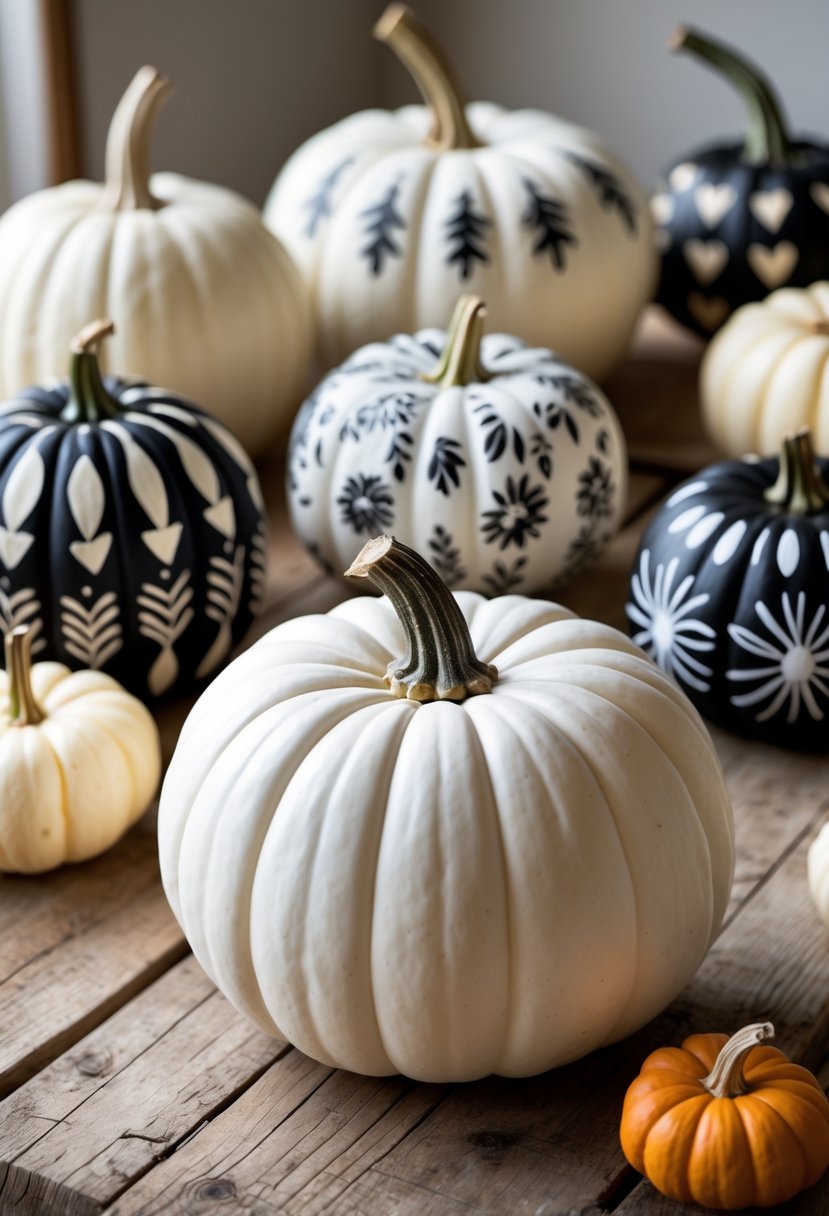 A white pumpkin decorated with various black painted designs displayed on a wooden surface.