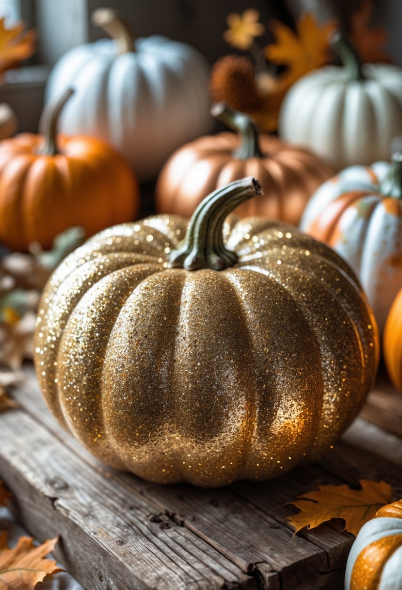 A glitter-coated pumpkin surrounded by other painted pumpkins on a wooden surface with autumn decorations.