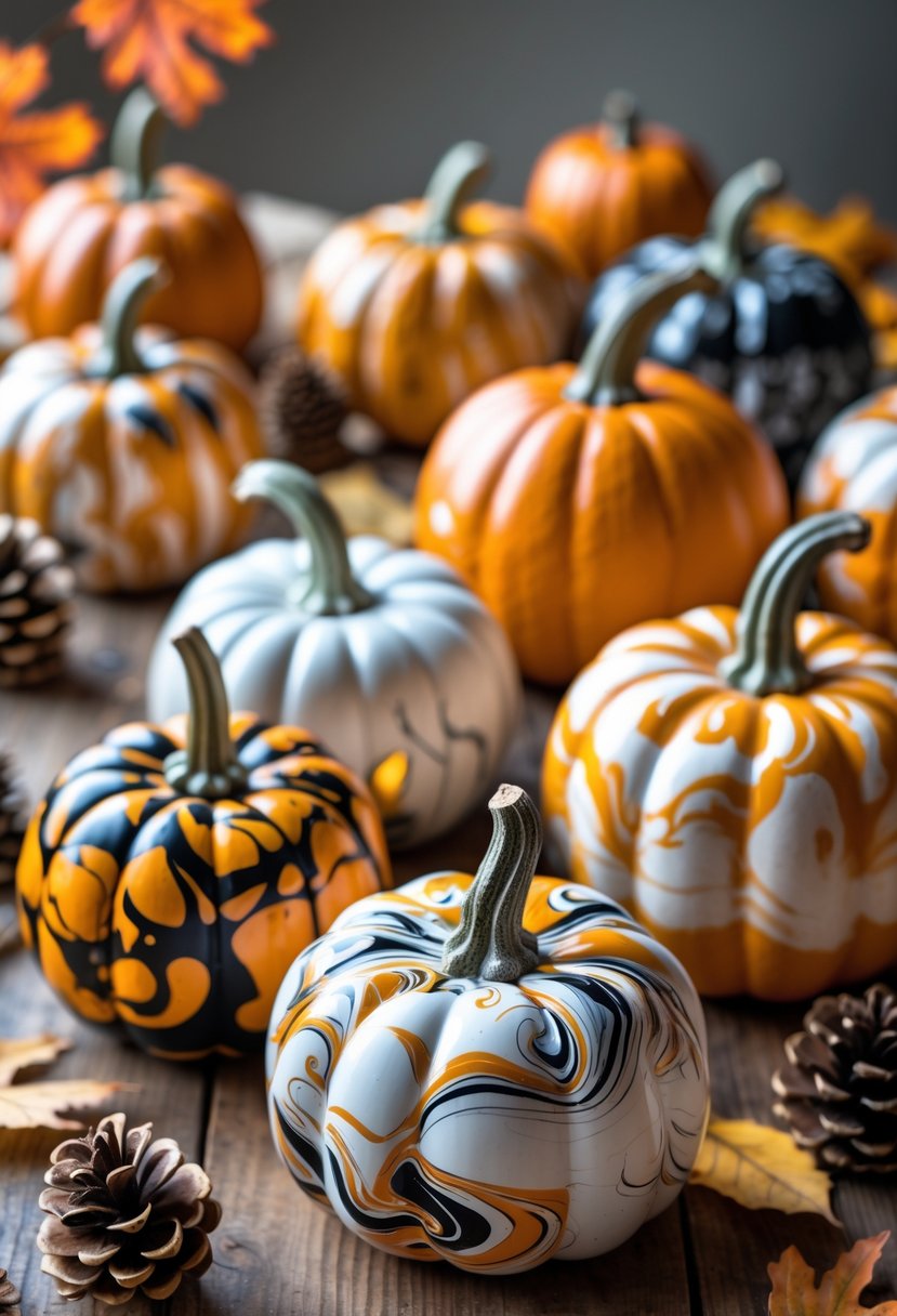Several pumpkins with colorful marbled patterns painted on them arranged on a wooden table with autumn leaves around.