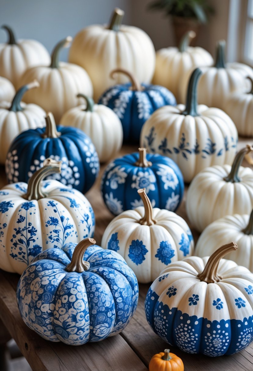 A group of 15 painted pumpkins with blue and white patterns arranged on a wooden surface.