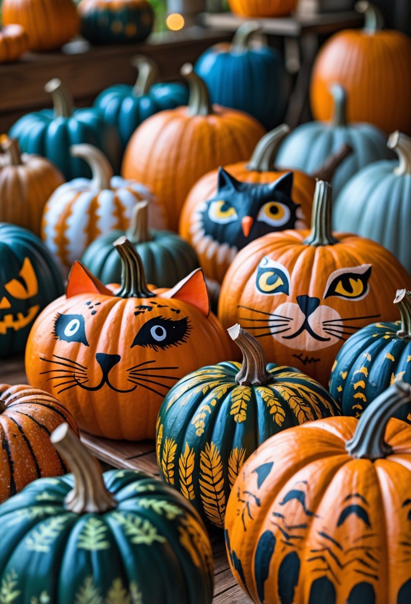 A group of painted pumpkins with animal faces such as cats and owls displayed on a wooden table.