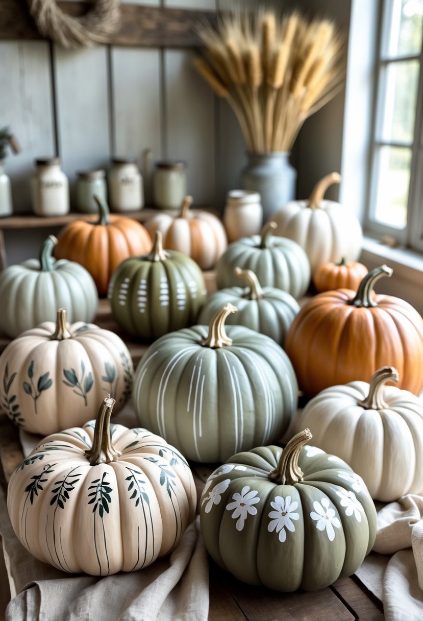 A wooden table displaying fifteen painted pumpkins in soft earth tones with simple decorative patterns, surrounded by farmhouse decor and natural light.