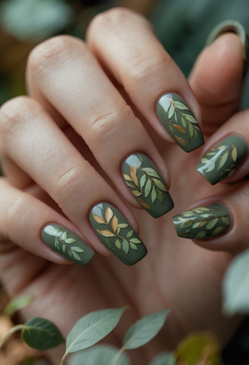 A close-up of a hand with 15 moss green nails decorated with leaf patterns.