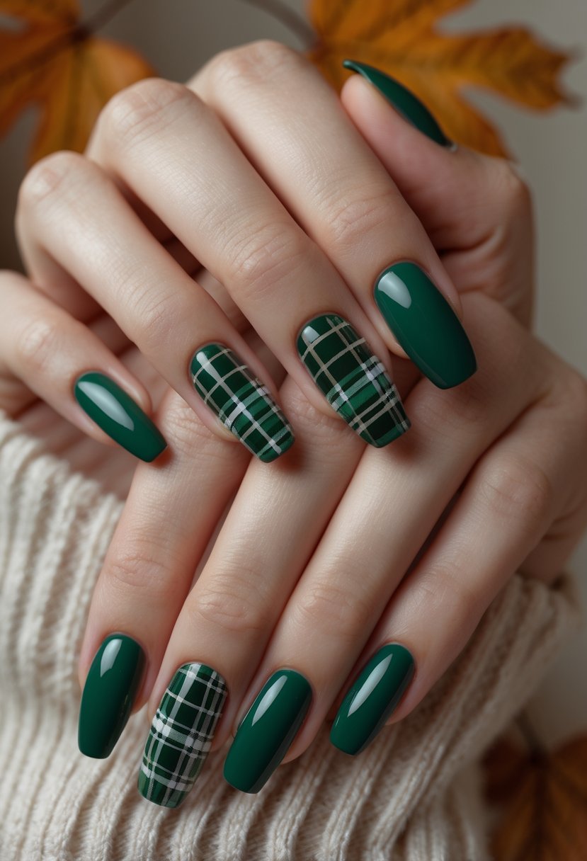 Close-up of hands with green plaid nail designs on all fingernails.