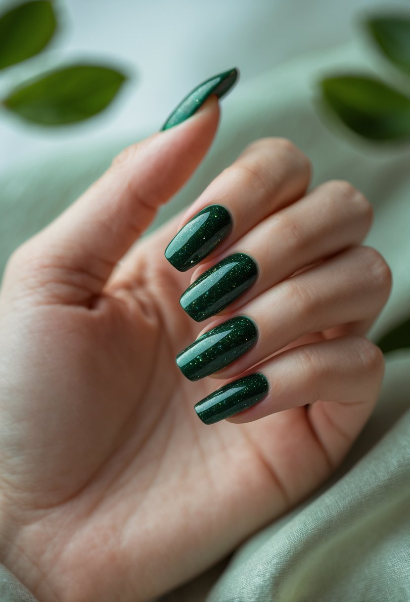 Close-up of a hand with 15 deep green nails featuring glitter highlights.