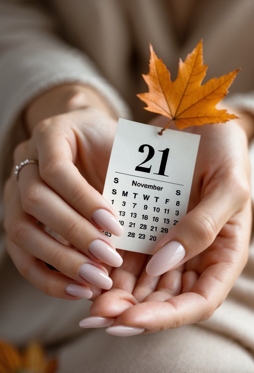 Close-up of well-manicured hands holding a small autumn leaf, symbolizing the date 21 November.