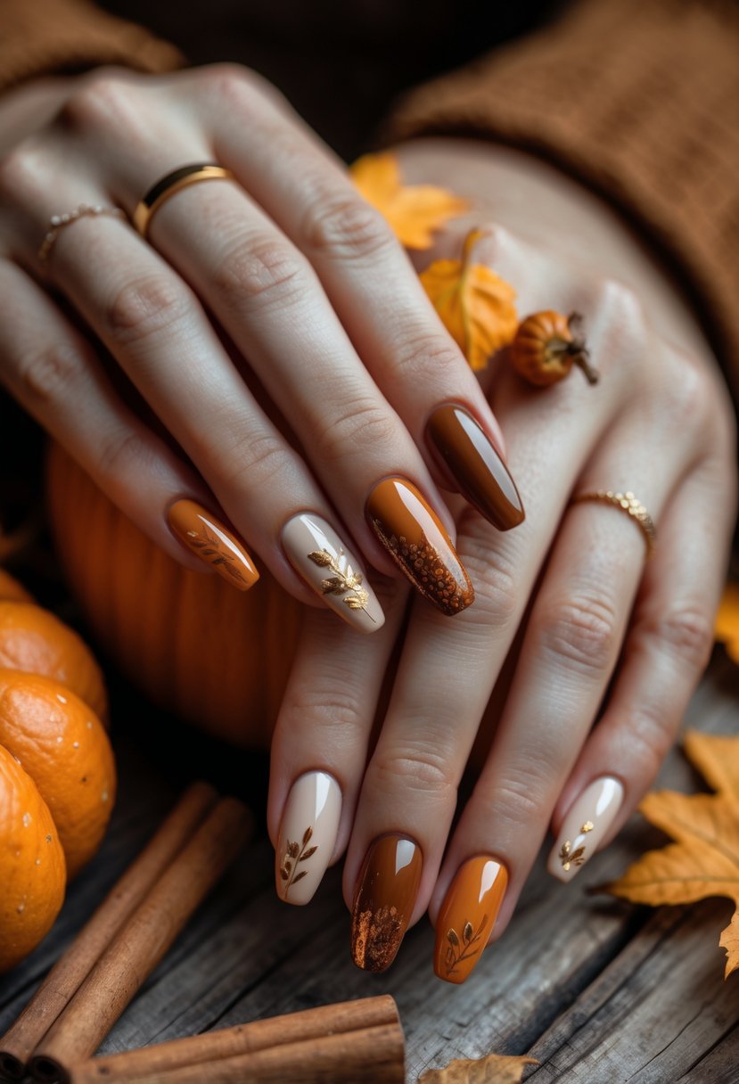 Close-up of hands with autumn-colored nails holding a small pumpkin surrounded by cinnamon sticks, dried orange slices, and autumn leaves on a wooden surface.