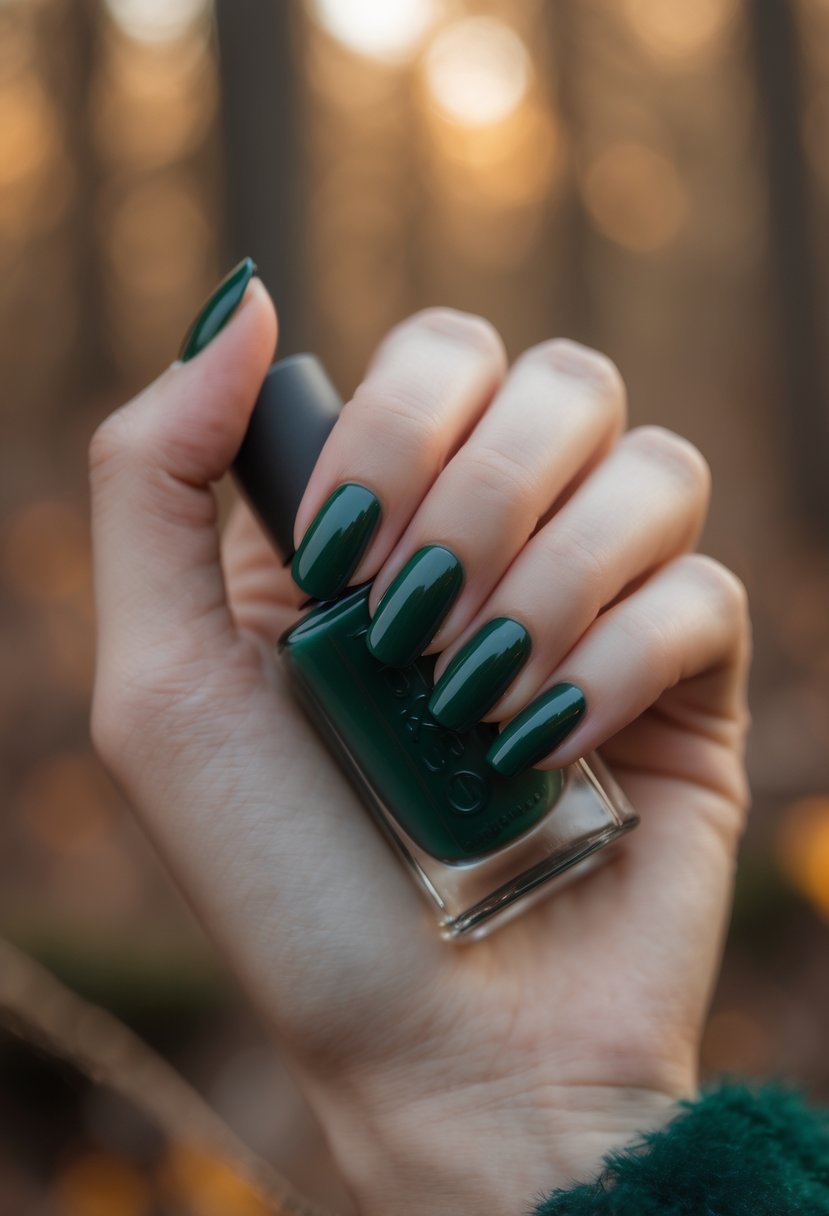 Close-up of hands with deep green nail polish against a blurred natural background.