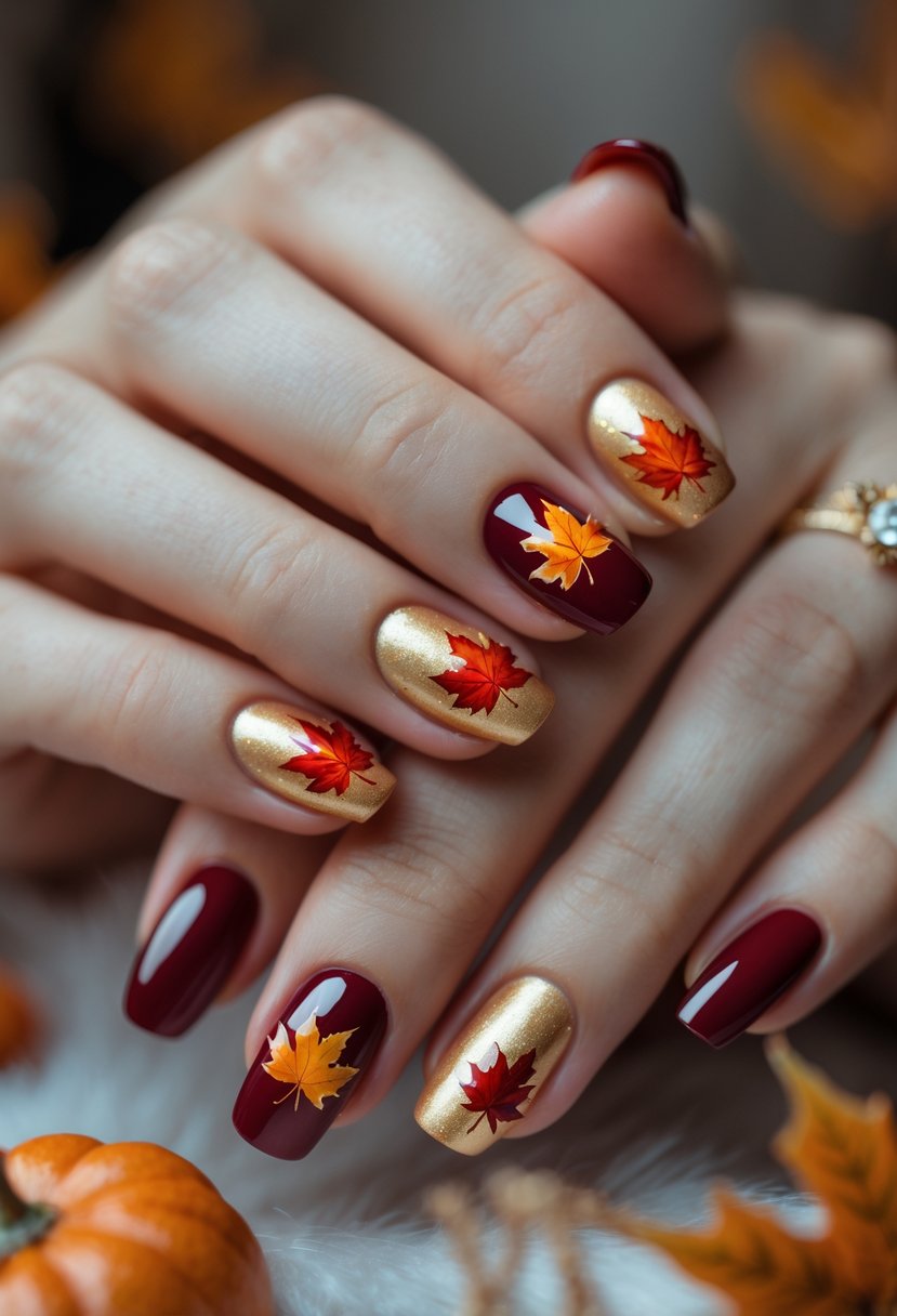 Close-up of hands with autumn-themed maple leaf nail art in warm red and orange colors.