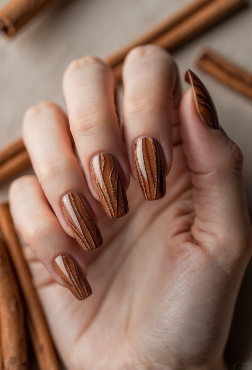 Close-up of a hand with nails painted in warm brown tones resembling cinnamon sticks.