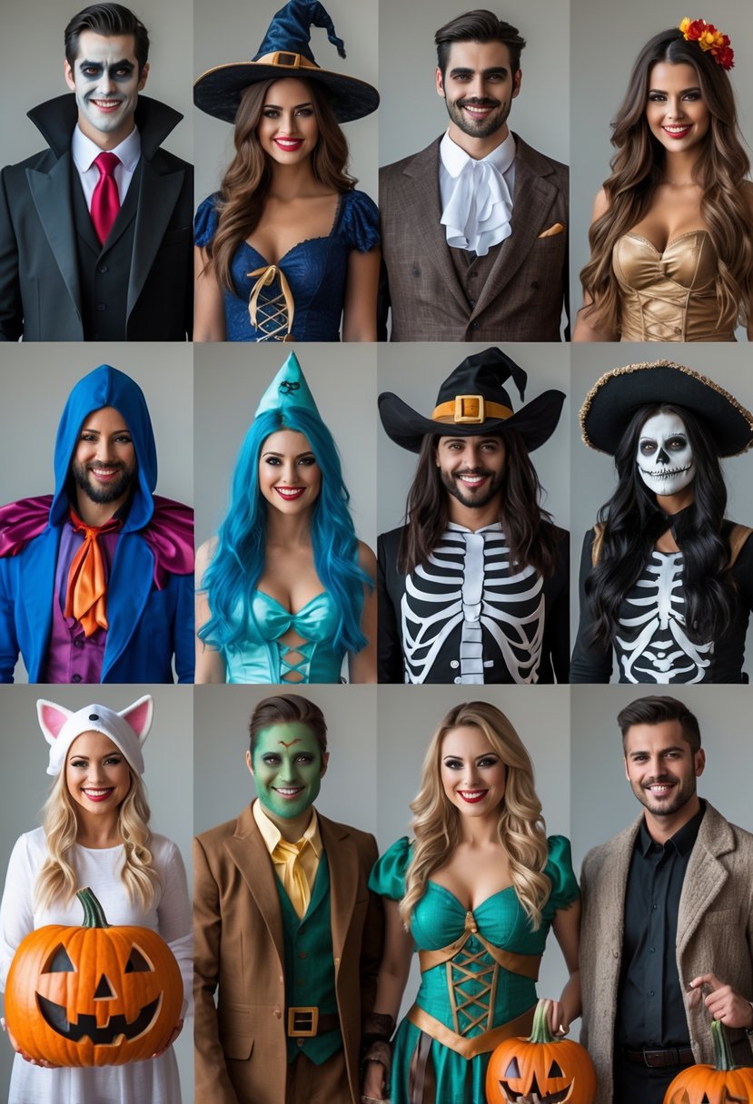 Ten couples dressed in different Halloween costumes posing together in a studio setting.