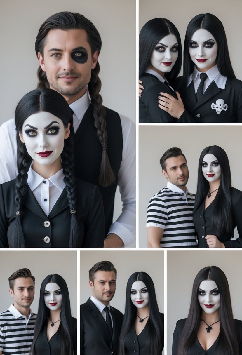 Two adults dressed as Wednesday and Pugsley Addams in ten different Halloween couple costumes, posing together in various outfits.