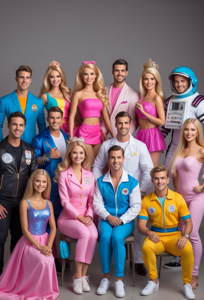 Ten couples dressed in various Barbie and Ken themed Halloween costumes posing together in a studio.