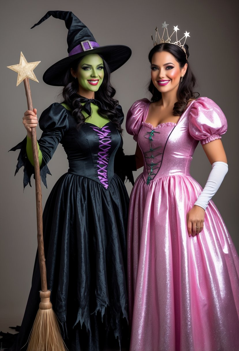 A couple dressed as the Wicked Witch and Glinda the Good Witch standing side by side, smiling and posing in Halloween costumes.
