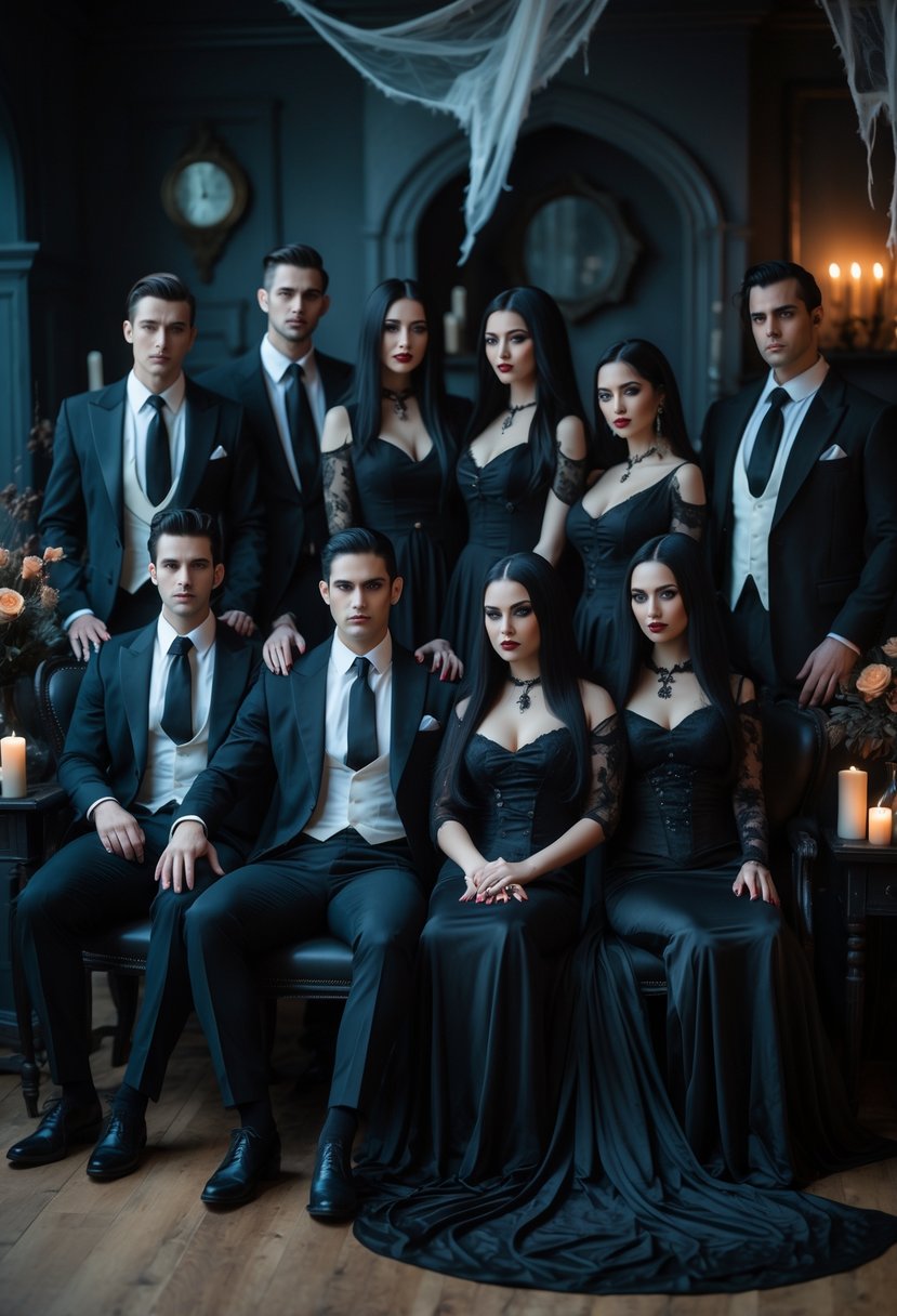 Ten couples dressed as Gomez and Morticia Addams pose together in a dark, gothic room decorated for Halloween.