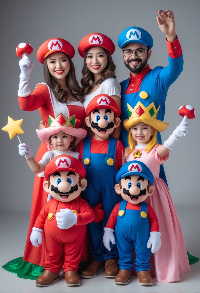 A couple wearing various Mario and Princess Peach Halloween costumes posing together in different themed outfits.