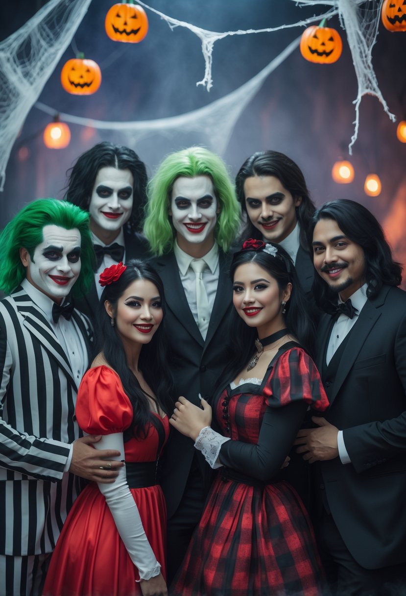 Five couples dressed as Beetlejuice and Lydia in various Halloween costumes posing together at a festive party with Halloween decorations.