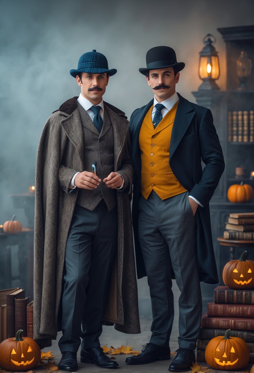 Two adults dressed as Sherlock Holmes and Dr. Watson in various Halloween costumes posed together with vintage props and subtle Halloween decorations.