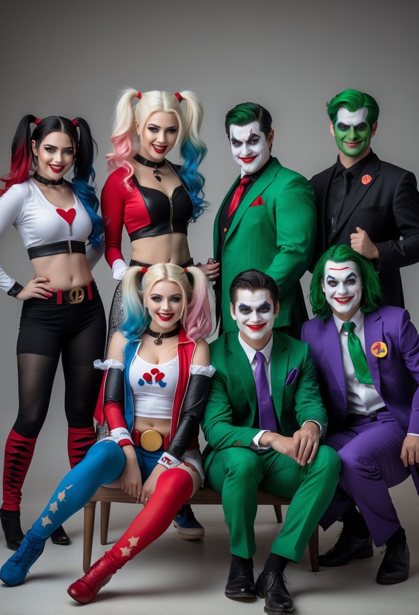Ten couples dressed as Harley Quinn and Joker in various Halloween costumes posing together.