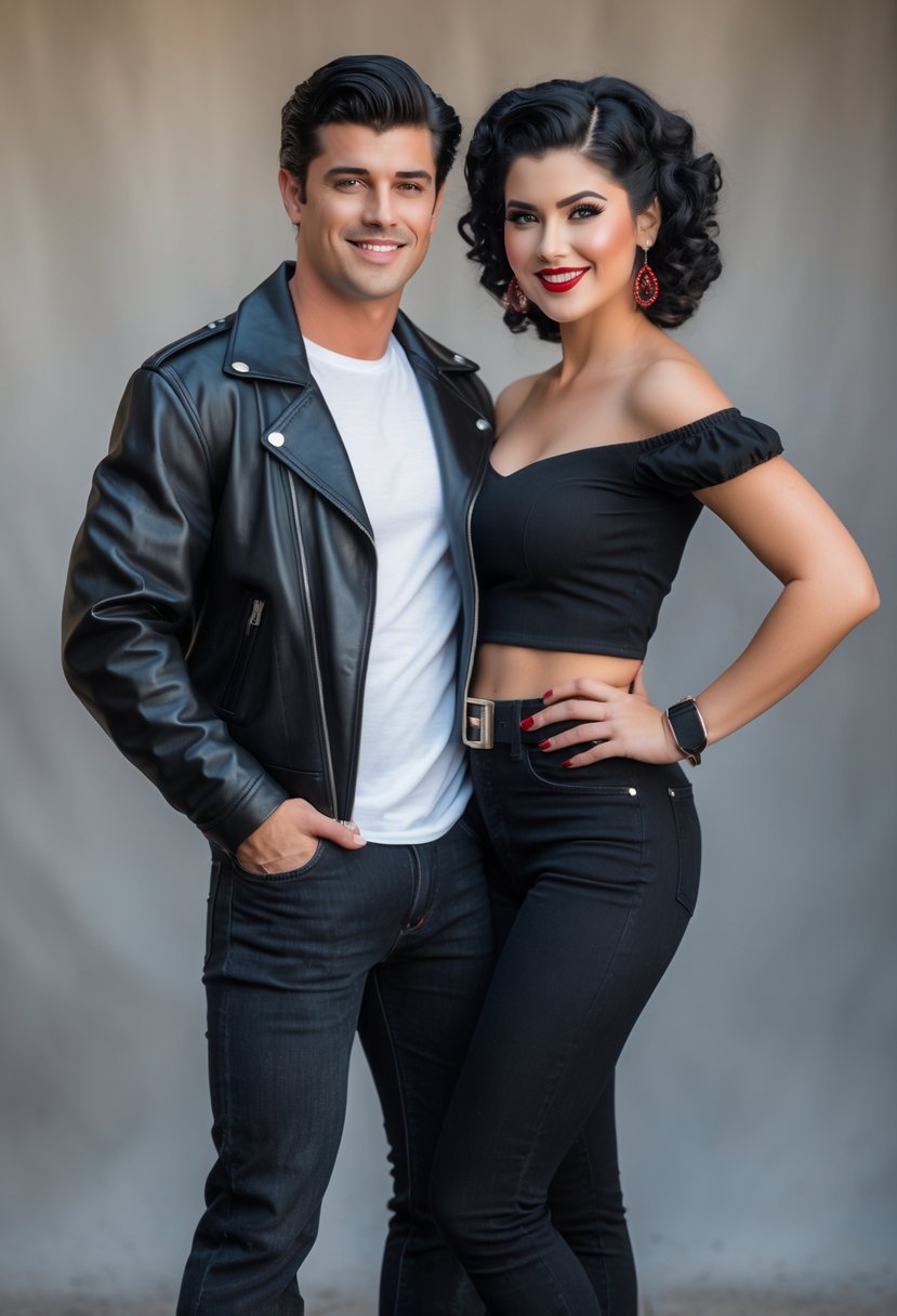 A couple dressed in 1950s style Halloween costumes inspired by Danny and Sandy from Grease, standing together and smiling.