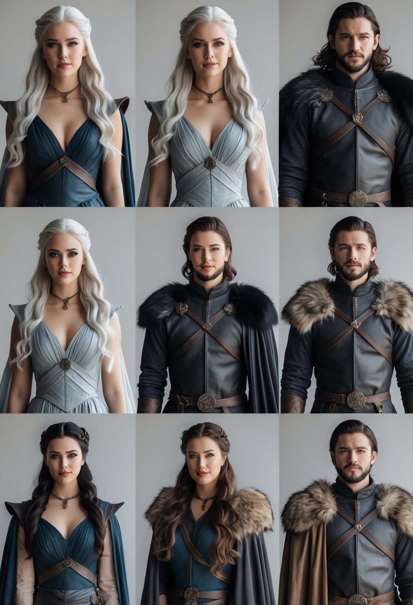 A couple dressed in various Halloween costumes inspired by Daenerys Targaryen and Jon Snow, posing together in different outfits with medieval and fantasy elements.