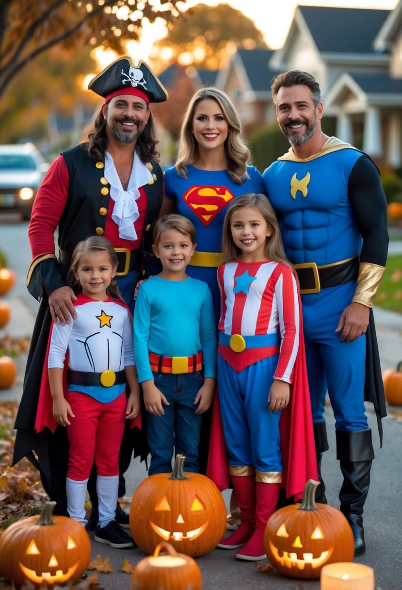 A family of five dressed in various Halloween costumes posing together outdoors in a decorated neighborhood.