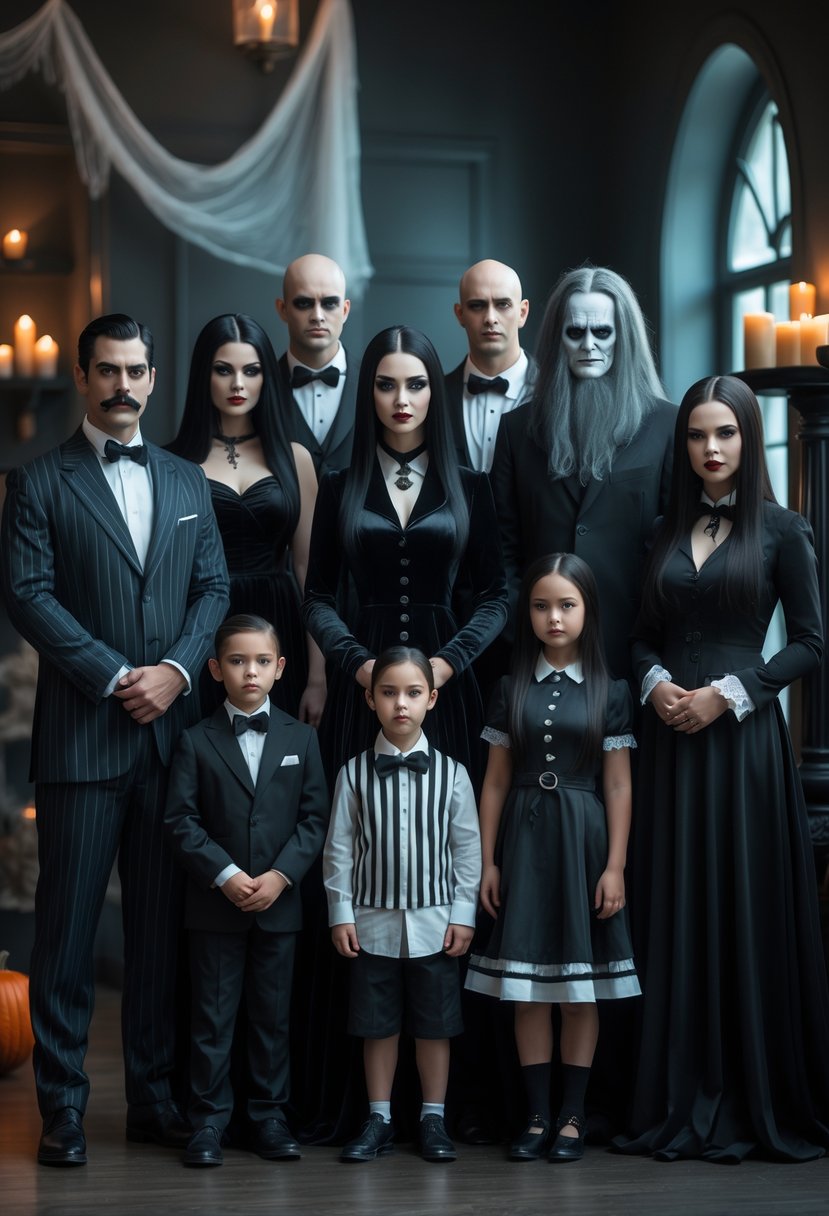 Ten people dressed as the Addams Family characters posing together indoors with Halloween decorations.