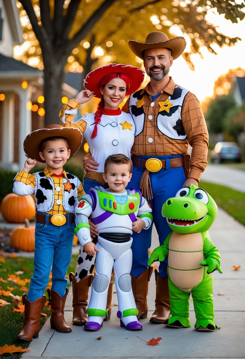 A family dressed in Toy Story character costumes posing outdoors with Halloween decorations in the background.