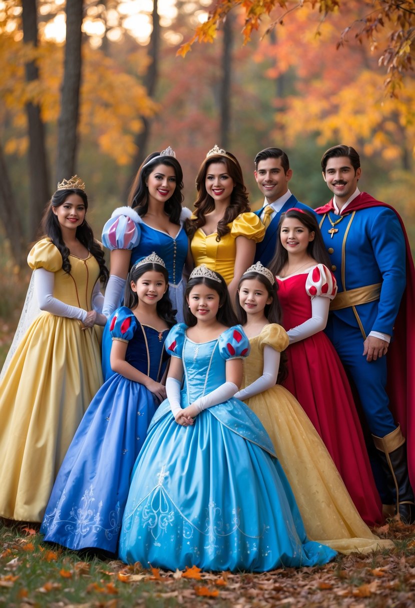 A family of ten dressed in classic Disney princess and prince costumes posing outdoors with autumn leaves in the background.