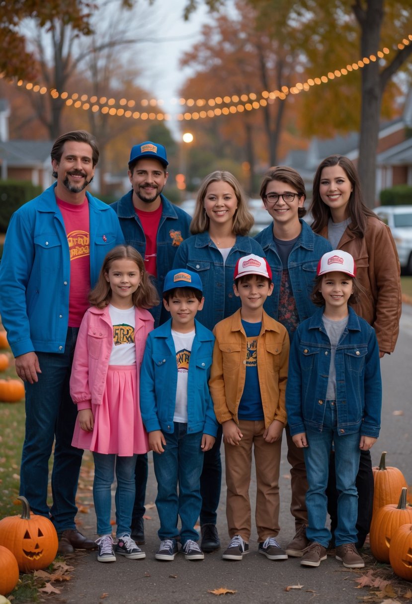 A family of ten wearing coordinated Stranger Things costumes poses outside with autumn leaves and Halloween decorations.