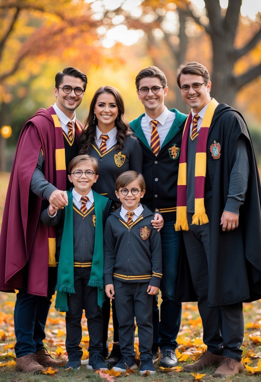 A family dressed in Harry Potter house-themed costumes posing outdoors with autumn leaves and Halloween decorations.