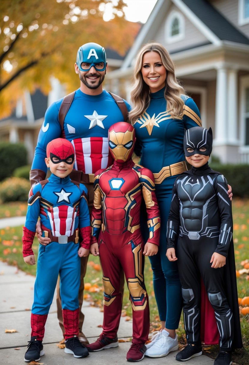 A family of five dressed in Marvel superhero costumes standing together outdoors during autumn, smiling and posing for a photo.