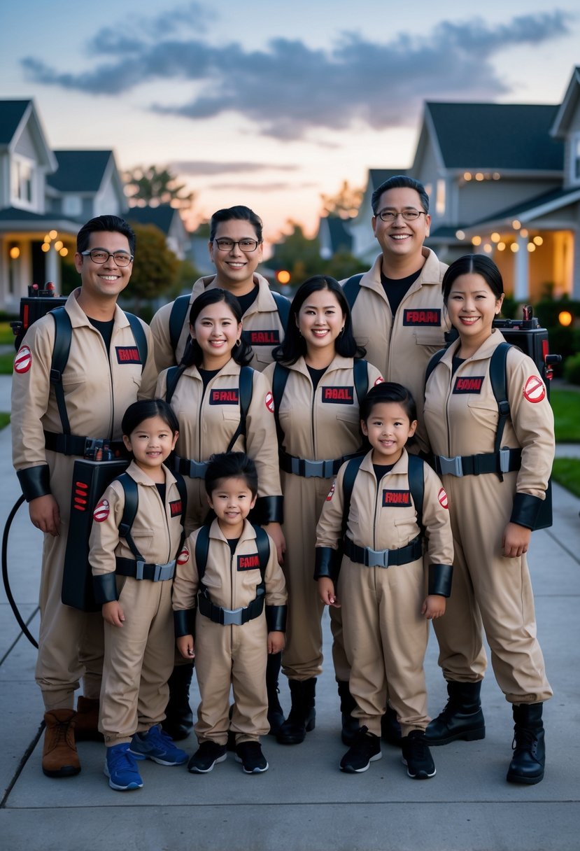 A family of ten wearing Ghostbusters costumes posing together outdoors on a suburban street decorated for Halloween.