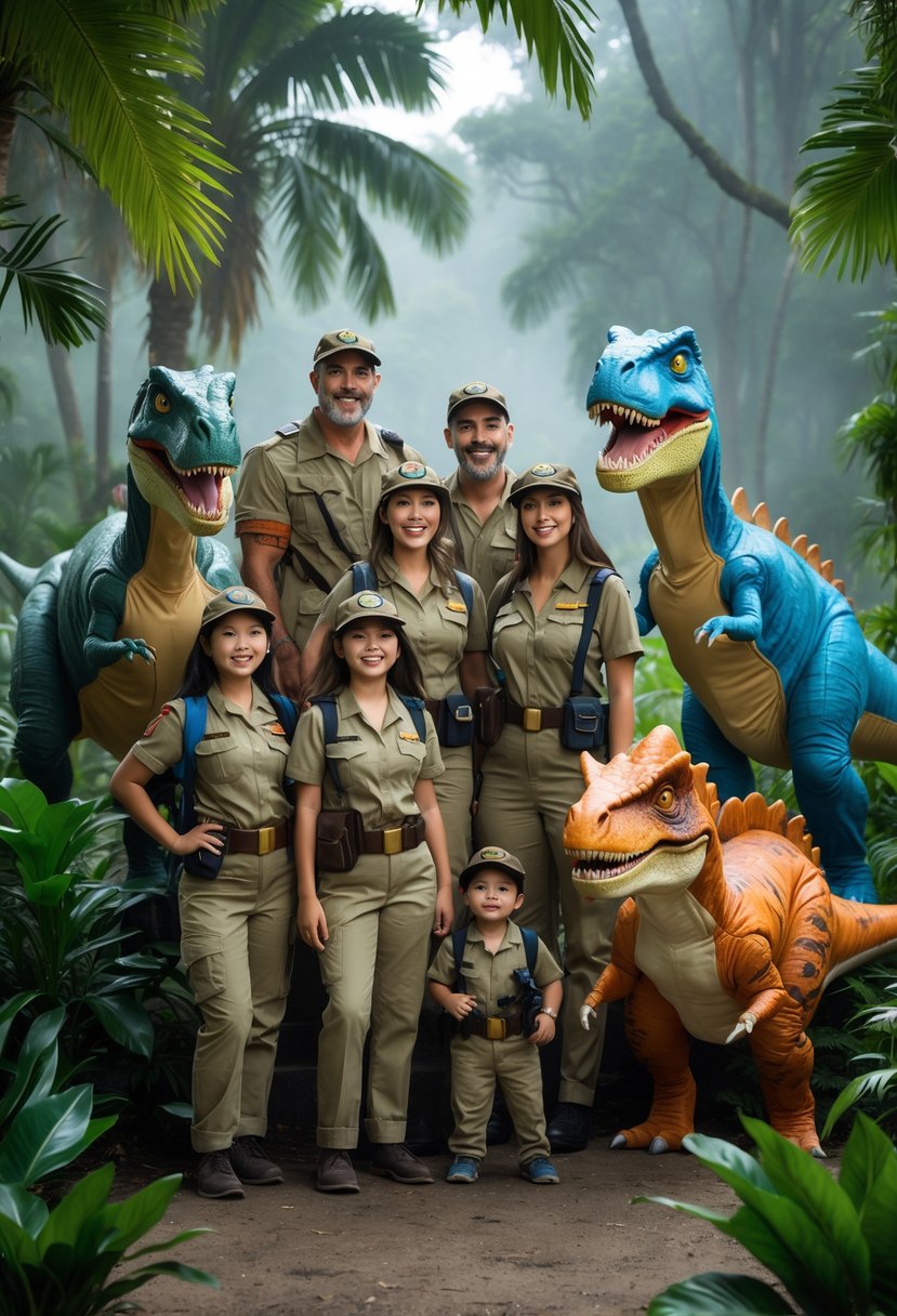 A family of ten dressed as Jurassic Park explorers and various dinosaurs posing together in a jungle setting.