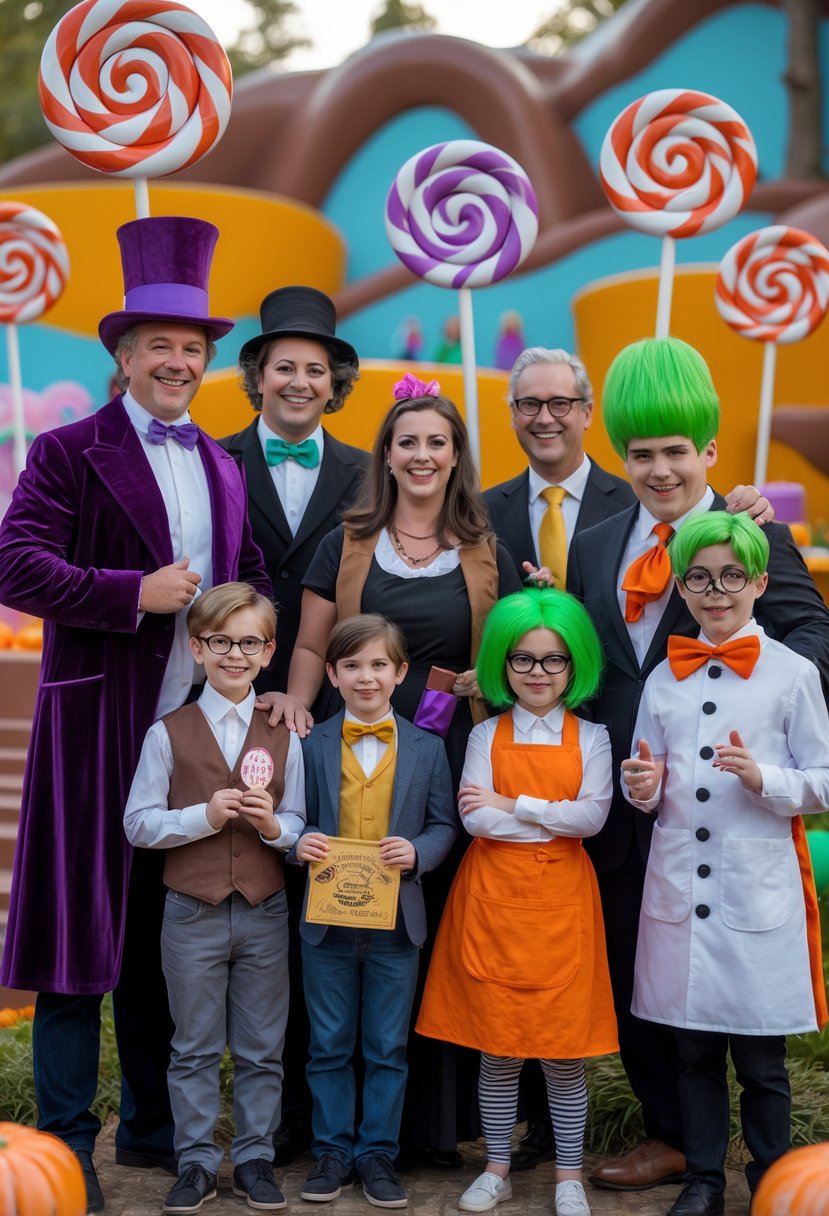 A family of ten dressed in colorful Willy Wonka and the Chocolate Factory costumes posing outdoors with oversized candy props and a whimsical background.