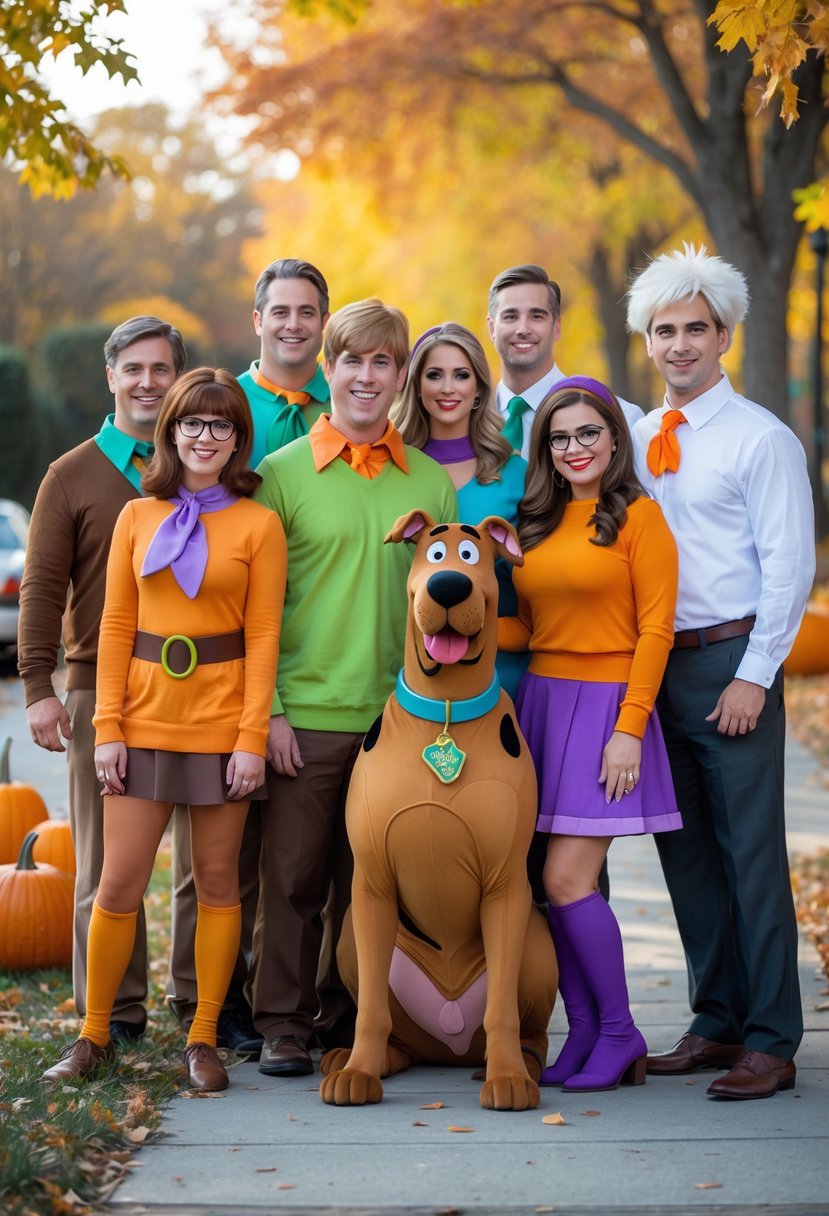 Ten people wearing Scooby-Doo themed Halloween costumes posing together outdoors with autumn leaves and pumpkins around them.